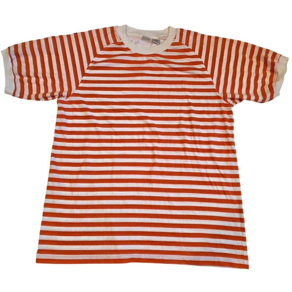 Vintage Basic Essentials Orange White Striped Ringer T-Shirt Large
